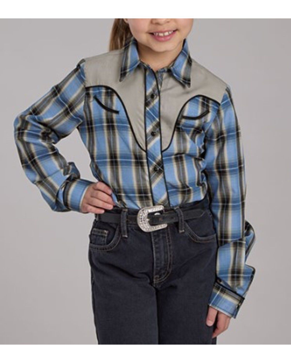 Image #2 - Roper Girls' Plaid Print Embroidered Long Sleeve Snap Stretch Western Shirt, Blue, hi-res
