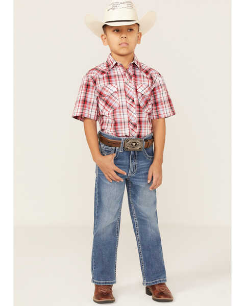 Roper Boys' Classic Plaid Print Short Sleeve Western Snap Shirt, Red, hi-res