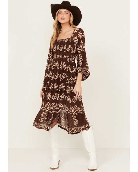 Shyanne Women's Printed Midi Dress, Dark Brown, hi-res