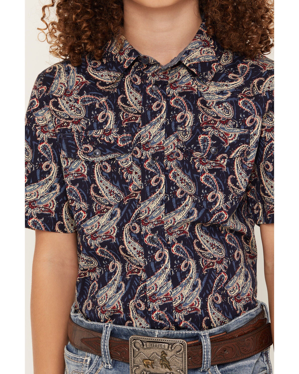 Image #3 - Cody James Boys' Easy Livin Paisley Print Short Sleeve Snap Western Shirt, Navy, hi-res