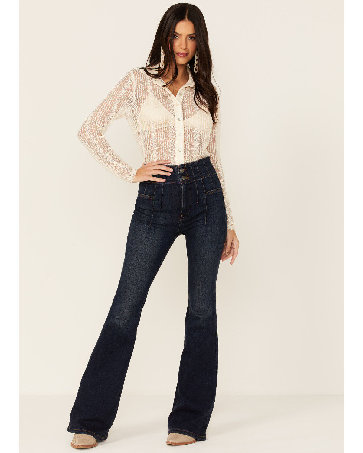 Wild Moss Women's Lace Button Front Sheer Long Sleeve Shirt