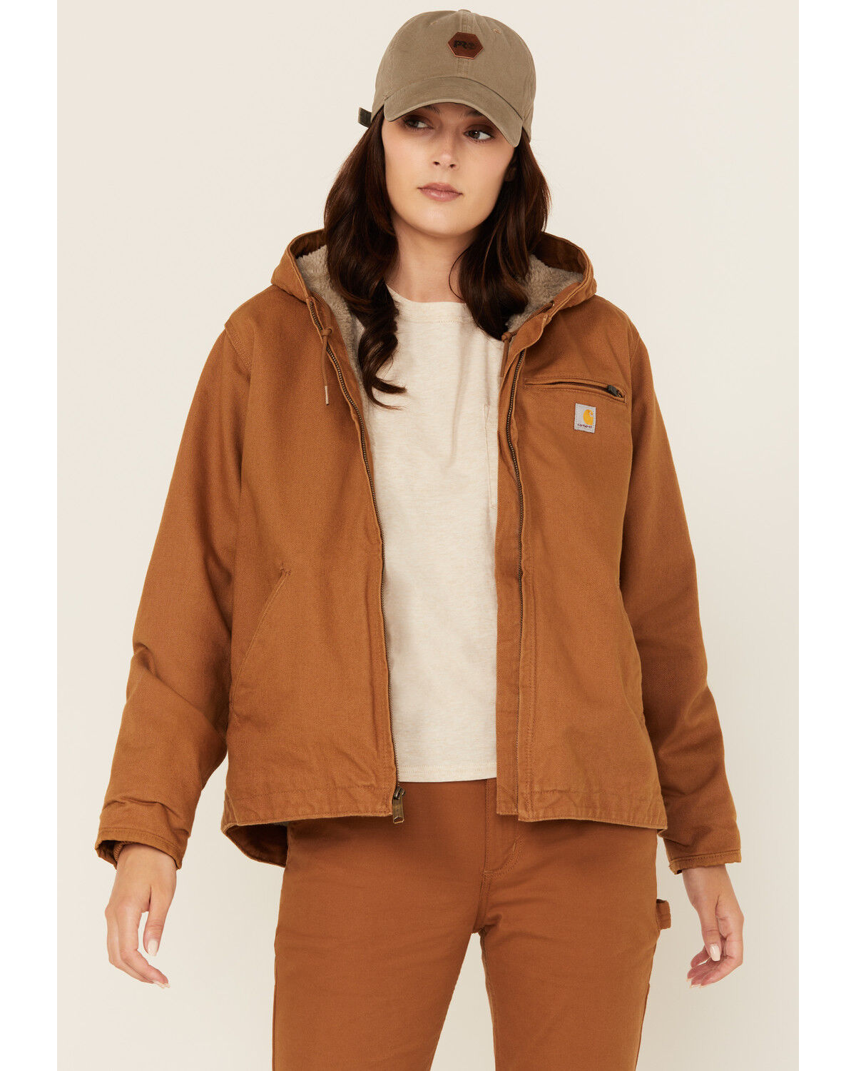 Image #1 - Carhartt Women's Washed Duck Sherpa Lined Loose Fit Jacket, Brown, hi-res