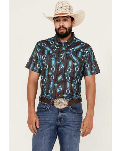 Rock & Roll Denim Men's Southwestern Print Short Sleeve Pearl Snap Western Shirt , Dark Grey, hi-res