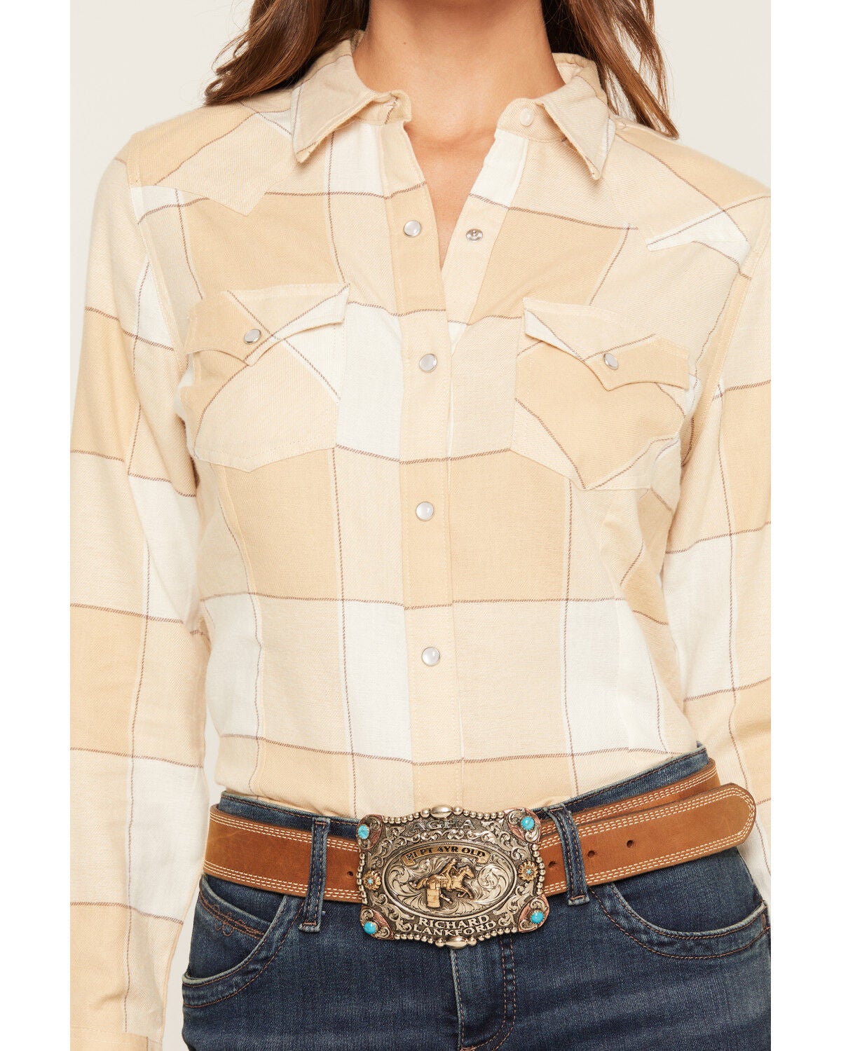 Image #3 - Wrangler Retro Women's Boot Barn Exclusive Plaid Print Long Sleeve Pearl Snap Flannel Shirt, Beige, hi-res