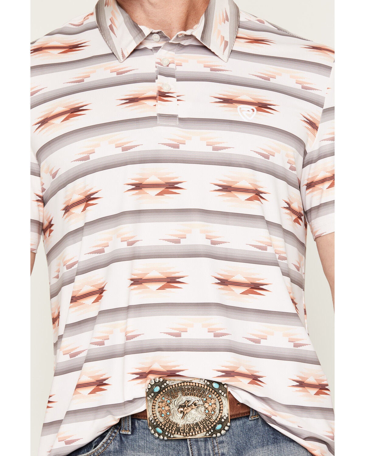 Image #3 - Rock & Roll Denim Men's Southwestern Striped Print Short Sleeve Button-Down Stretch Polo Shirt, Natural, hi-res