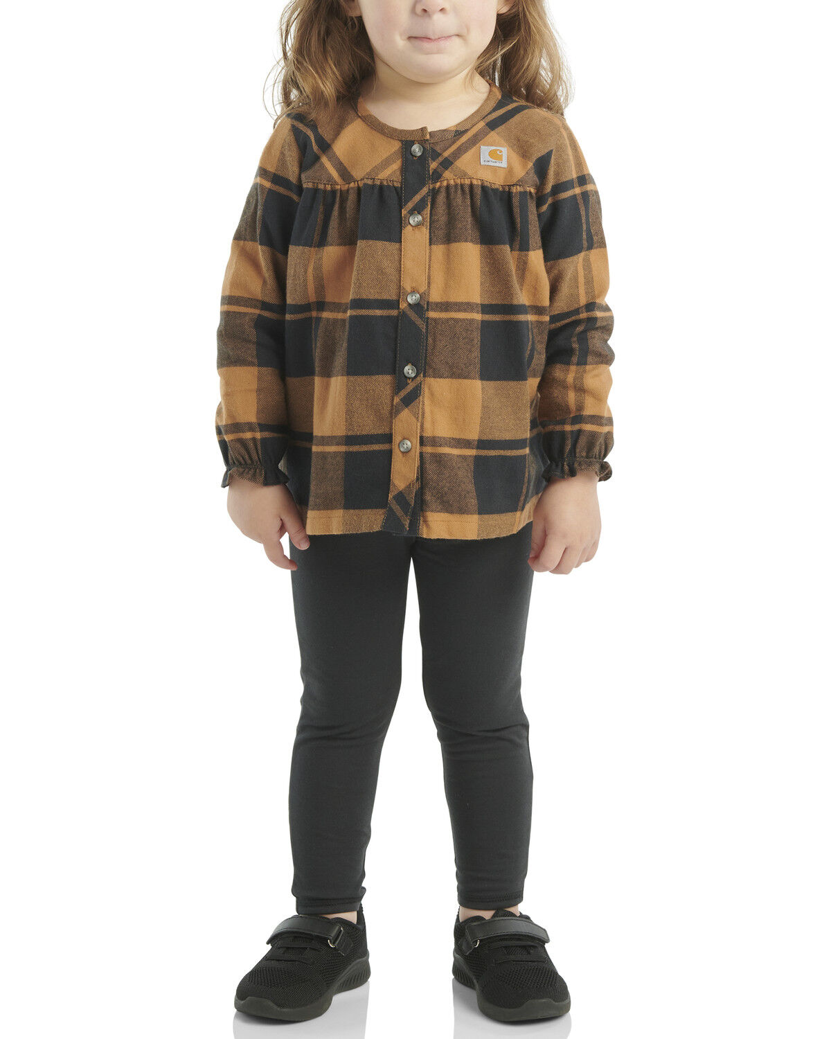 Image #1 - Carhartt Toddler Girls' Plaid Print Long Sleeve Button-Down Shirt And Leggings Set - 2 Piece, Brown, hi-res