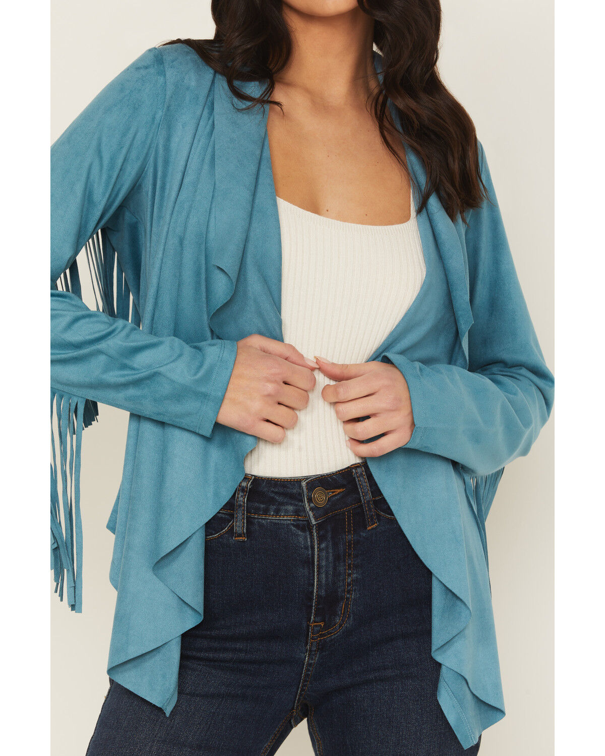 Image #3 - Shyanne Women's Cascade Front Fringe Faux Suede Fringe Jacket, Turquoise, hi-res
