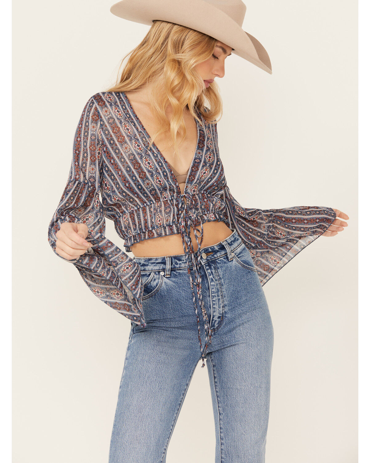 Image #2 - Wild Moss Women's Printed Tie Front Bell Sleeve Cropped Kimono, Brown, hi-res