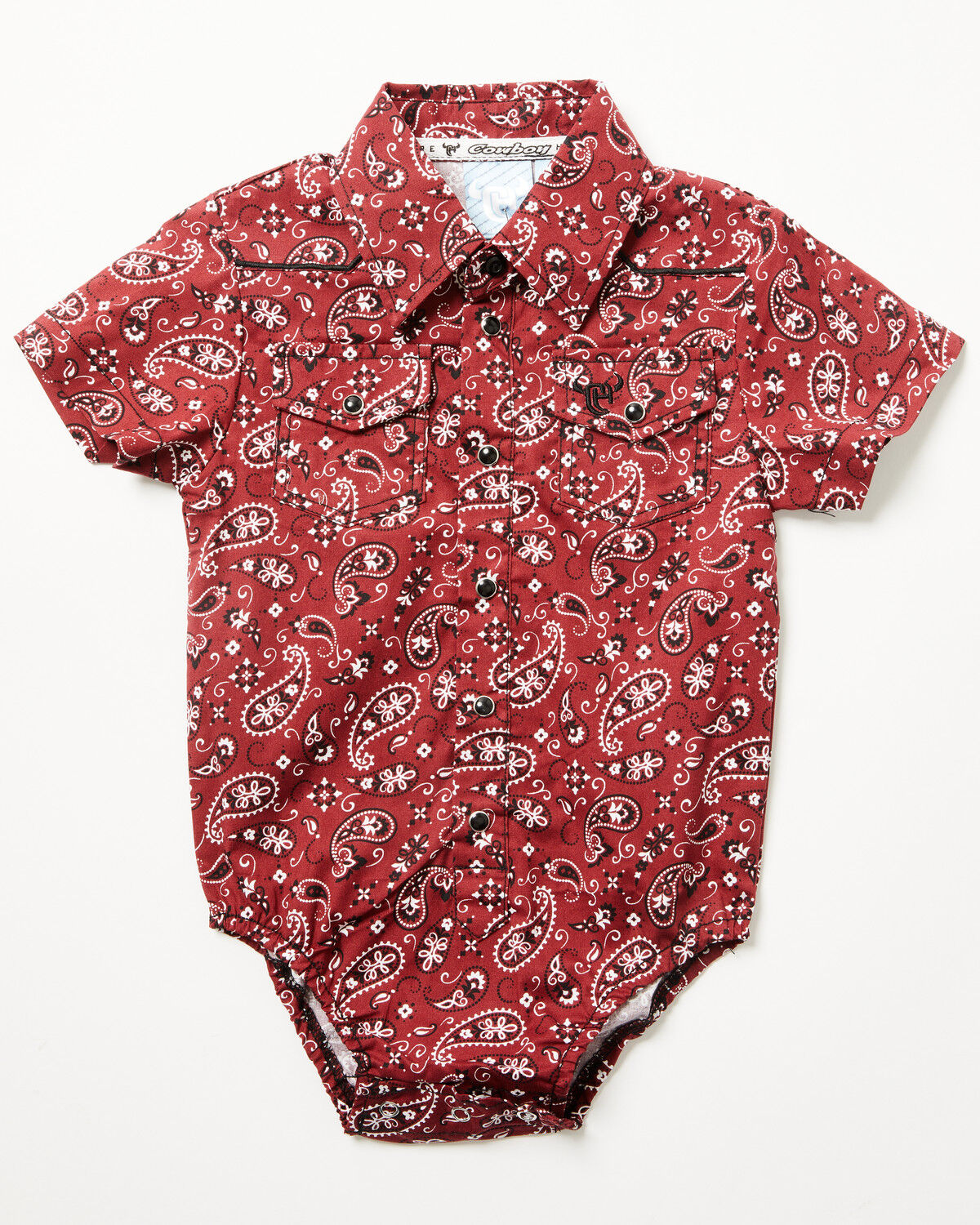 Image #1 - Cowboy Hardware Infant Boys' Bandana Paisley Print Short Sleeve Snap Onesie, Red, hi-res