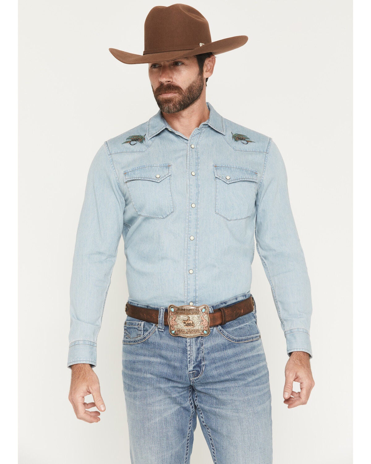 Pendleton Men's Light Wash Wash Gambler Long Sleeve Snap Denim Western Shirt, Light Wash, hi-res