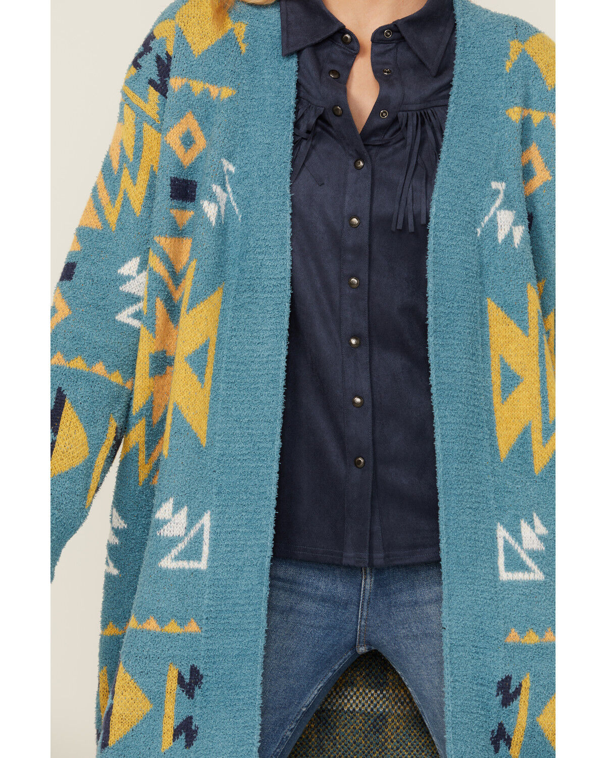 Image #3 - Angie Women's Southwestern Print Open Front Sweater, Teal, hi-res