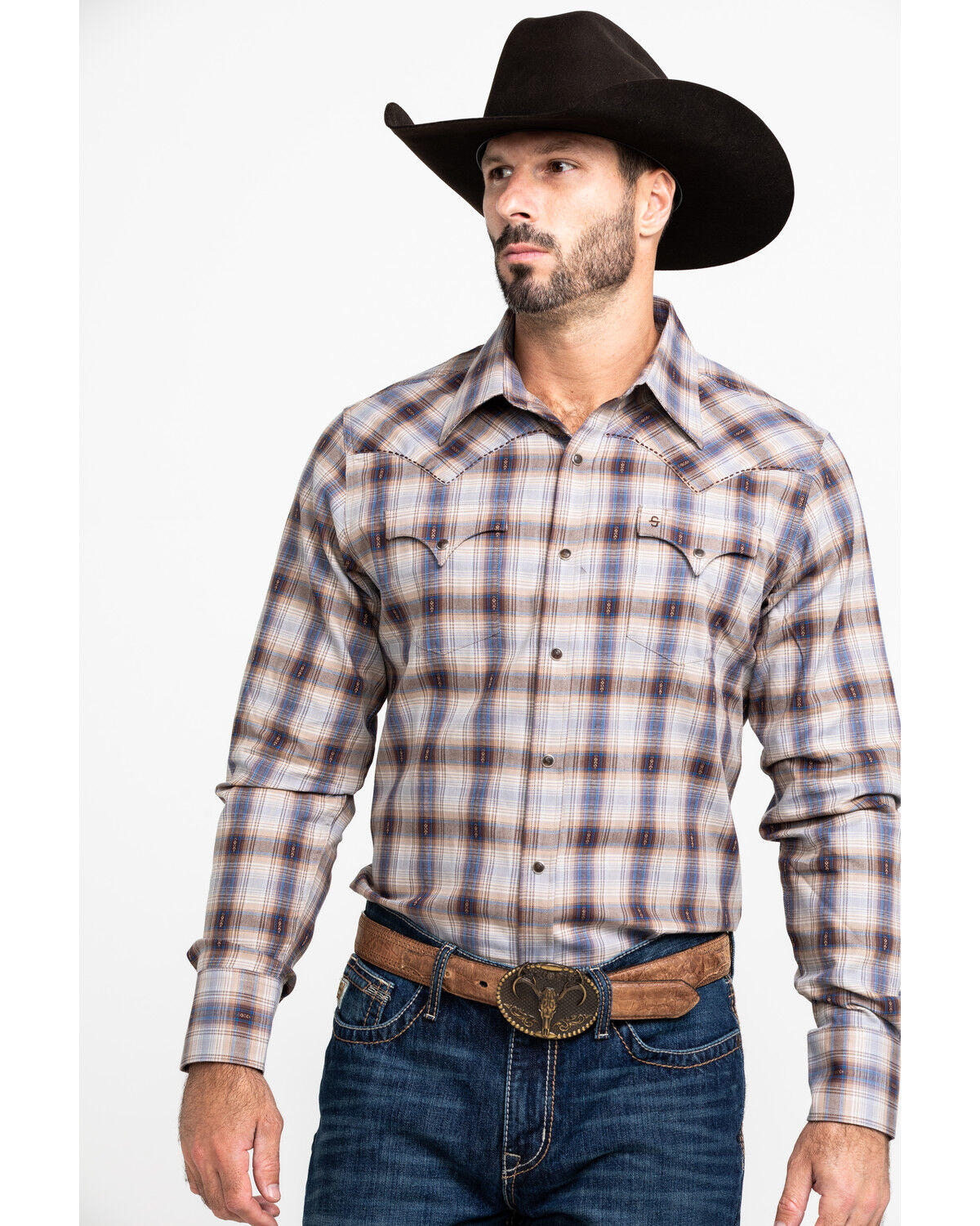 Image #1 - Stetson Men's Dobby Med Plaid Long Sleeve Western Shirt, Brown, hi-res