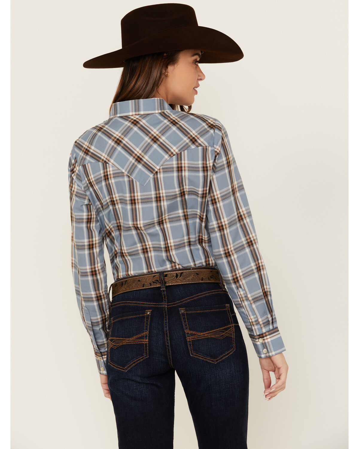Image #4 - Wrangler Women's Plaid Print Long Sleeve Pearl Snap Western Shirt, Blue, hi-res