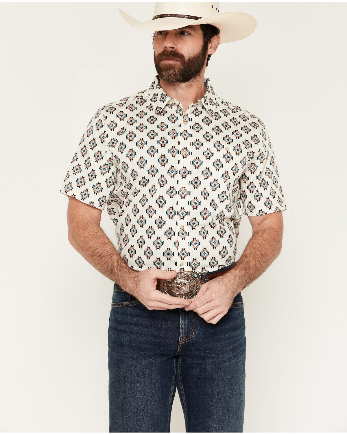 RANK 45&reg; Men's Star Power Geo Print Short Sleeve Button-Down Stretch Western Shirt, Off White, hi-res