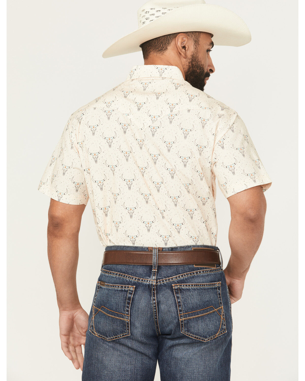 Image #4 - Rock & Roll Denim Men's Dale Drisby Longhorn Print Short Sleeve Snap Stretch Western Shirt, Cream, hi-res