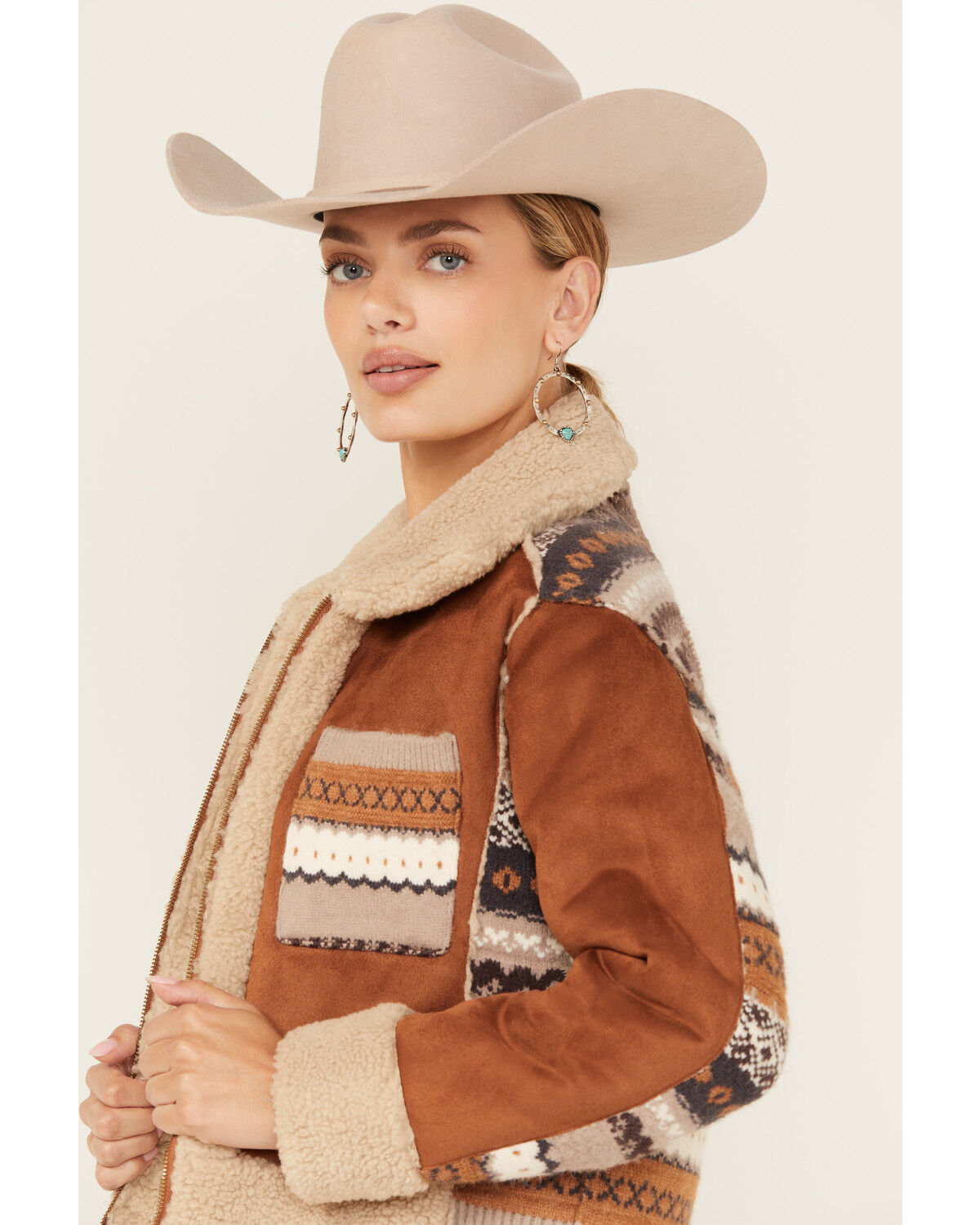 Image #3 - Cleo + Wolf Women's Cameron Southwestern Print Sweater Back Faux Suede Sherpa Lined Zip-Up Jacket, Caramel, hi-res
