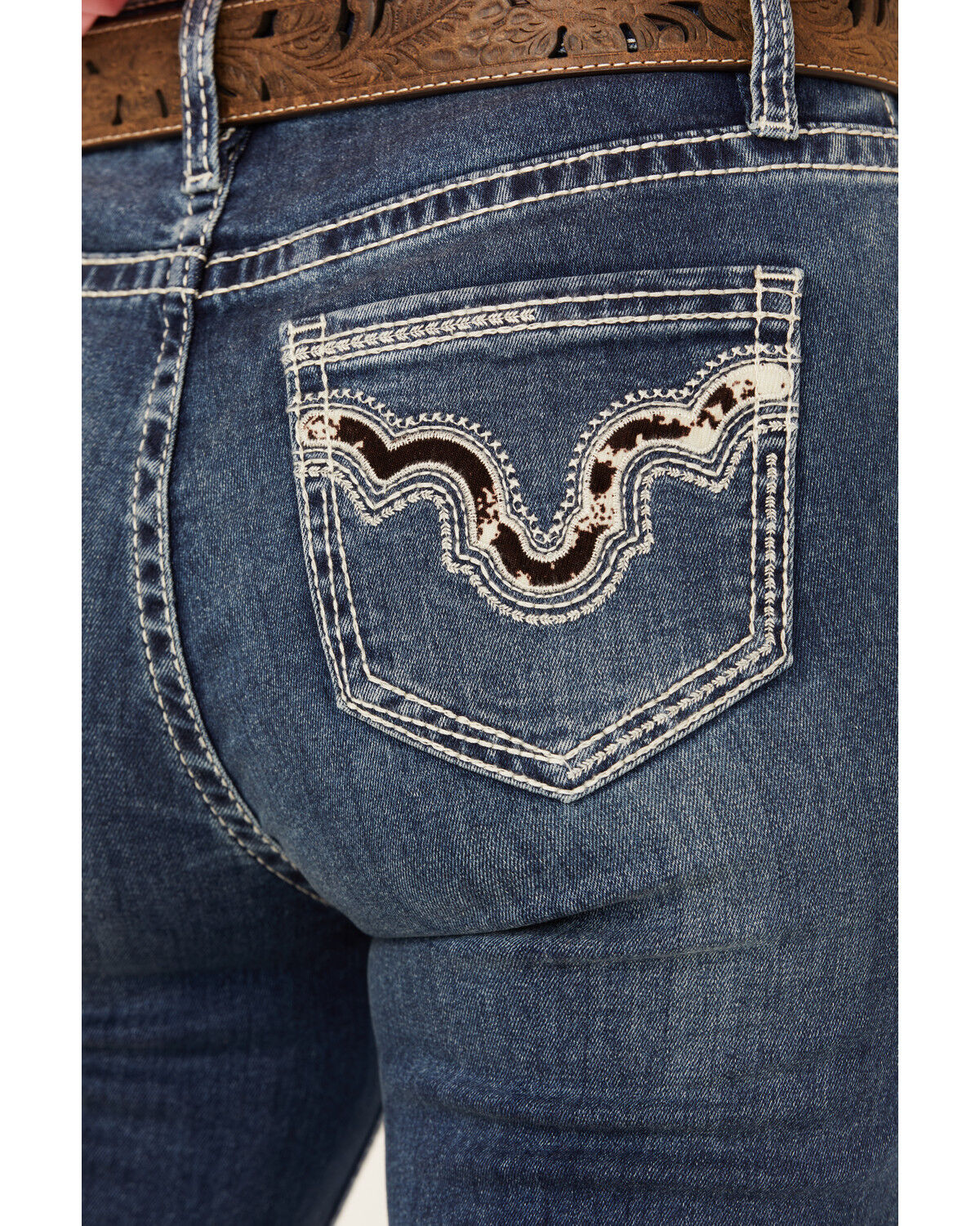Image #2 - Rock & Roll Denim Women's Medium Wash Mid Rise Cowhide Pocket Bootcut Stretch Denim Jeans, Medium Wash, hi-res