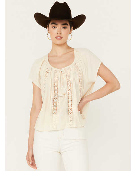 Band of the Free Women's Crochet Trim Peasant Top, Ivory, hi-res