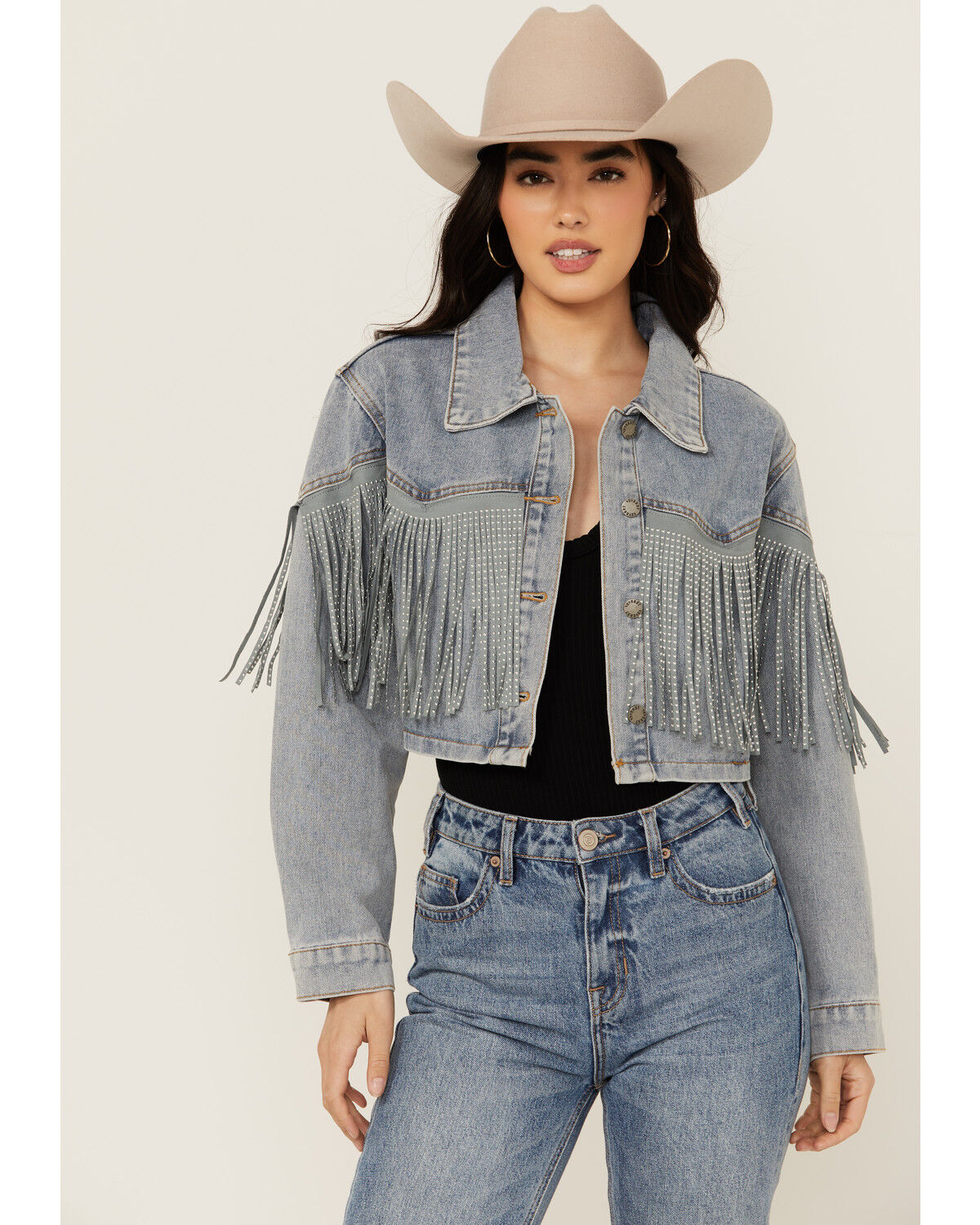 Image #1 - Veveret Women's Light Wash Studded Fringe Cropped Denim Jacket, Light Wash, hi-res