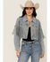 Image #1 - Veveret Women's Light Wash Studded Fringe Cropped Denim Jacket, Light Wash, hi-res