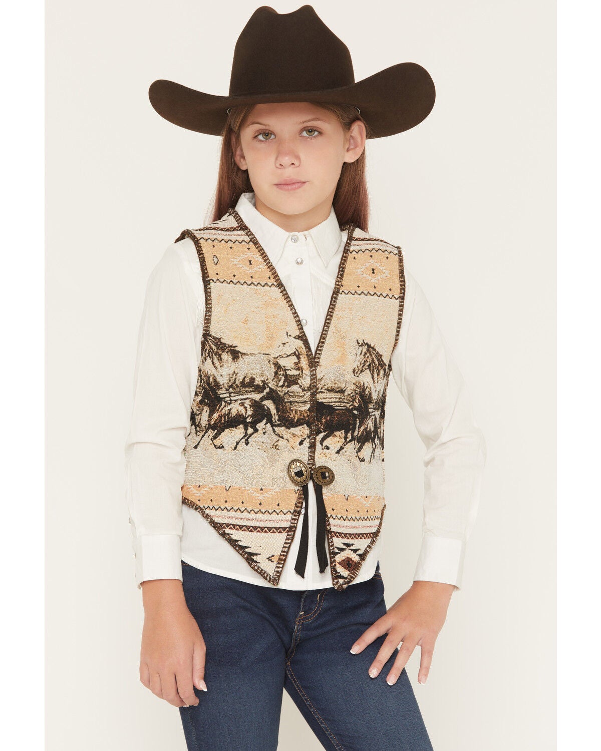 Fornia Girls' Horse Print Tapestry Vest, Ivory, hi-res