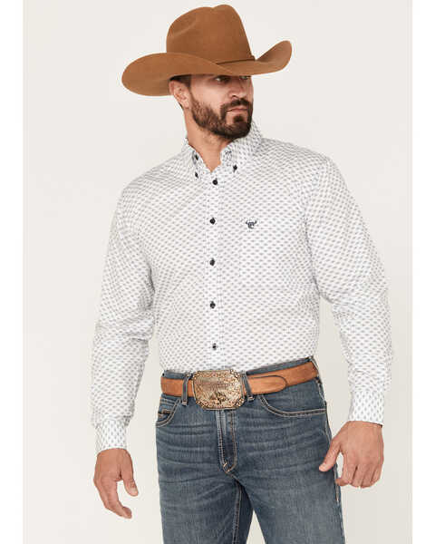 Cowboy Hardware Men's Geo Print Long Sleeve Button Down Shirt, White, hi-res