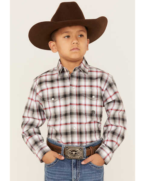 Roper Boys' Amarillo Plaid Print Long Sleeve Western Snap Shirt, Black, hi-res