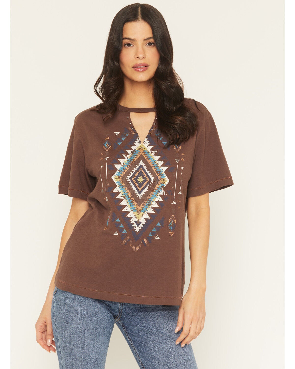 Shyanne Women's Studded Southwestern Print Short Sleeve Graphic Tee, Brown, hi-res