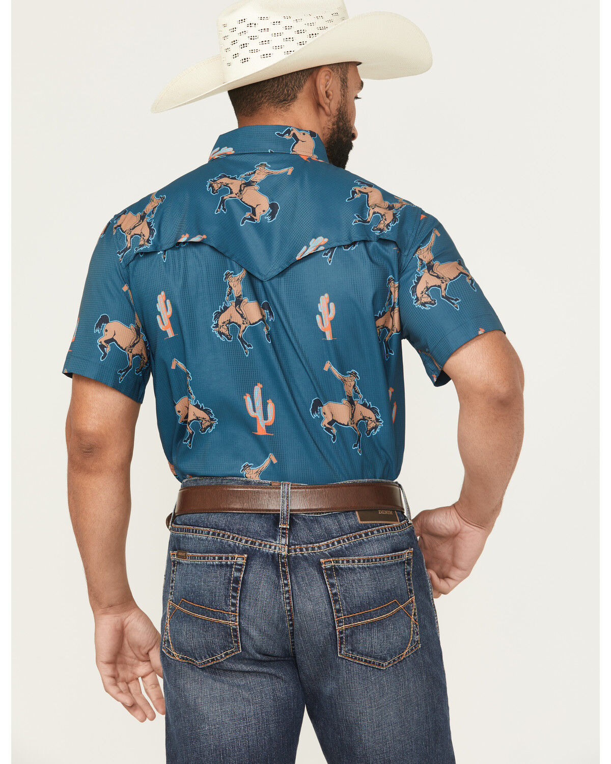 Image #4 - Rock & Roll Denim Men's Tek Bronco Print Short Sleeve Pearl Snap Western Shirt, Dark Teal, hi-res