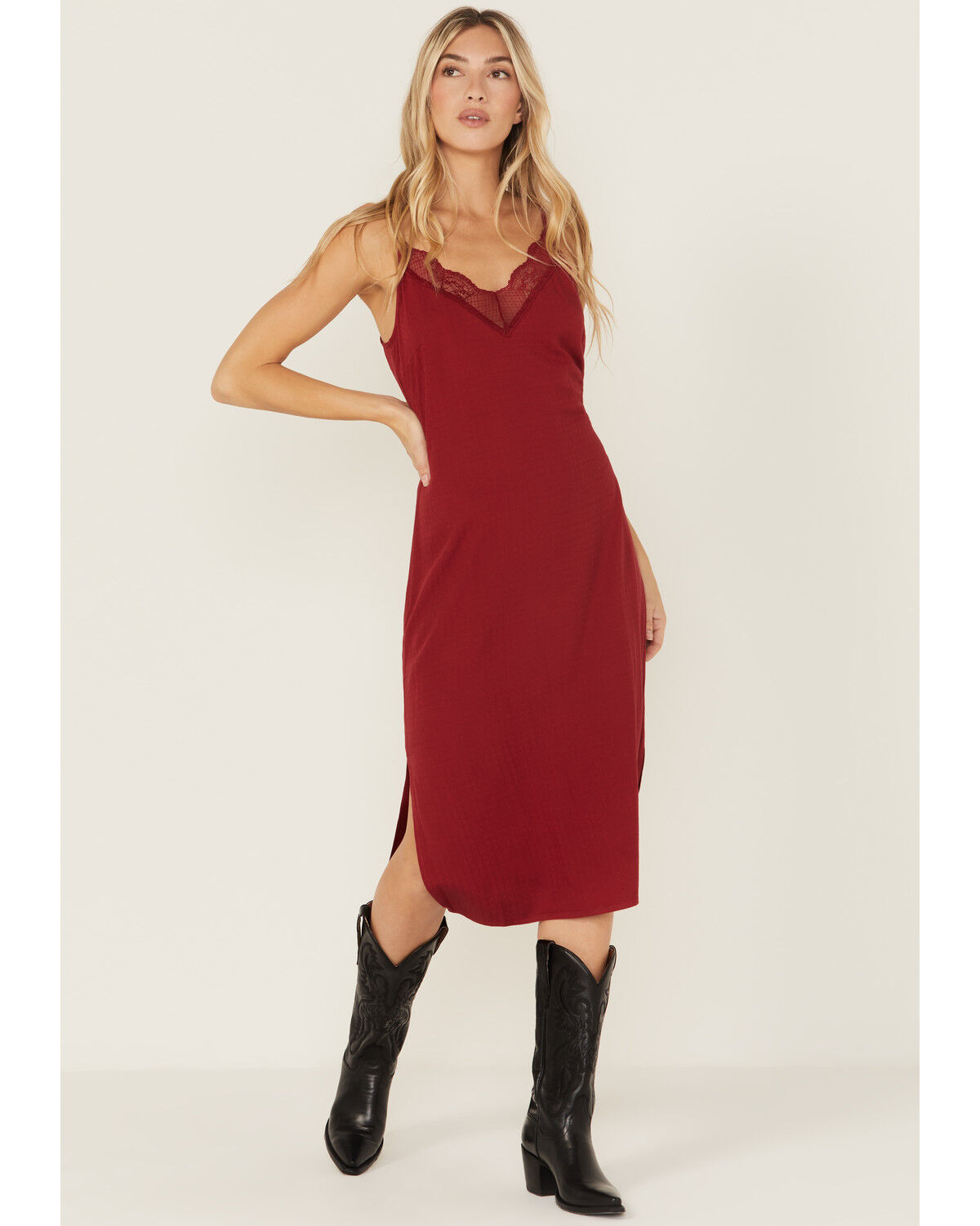 Image #2 - Idyllwind Women's Moss Rose Lace Trim Slip Midi Dress, Wine, hi-res
