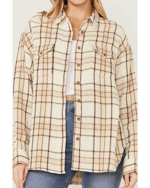 Image #2 - Cleo + Wolf Women's Breezy Sprint Plaid Print Long Sleeve Shirt, Taupe, hi-res