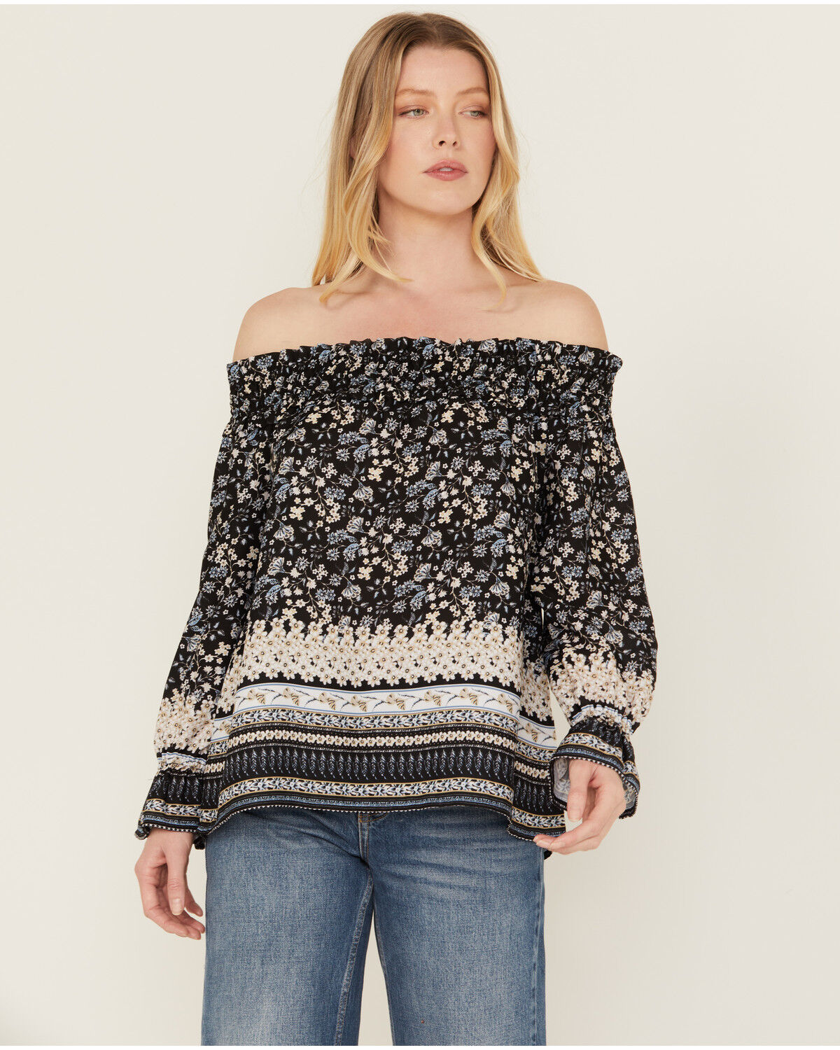 Image #1 - Wild Moss Women's Border Off The Shoulder Top, Blue, hi-res