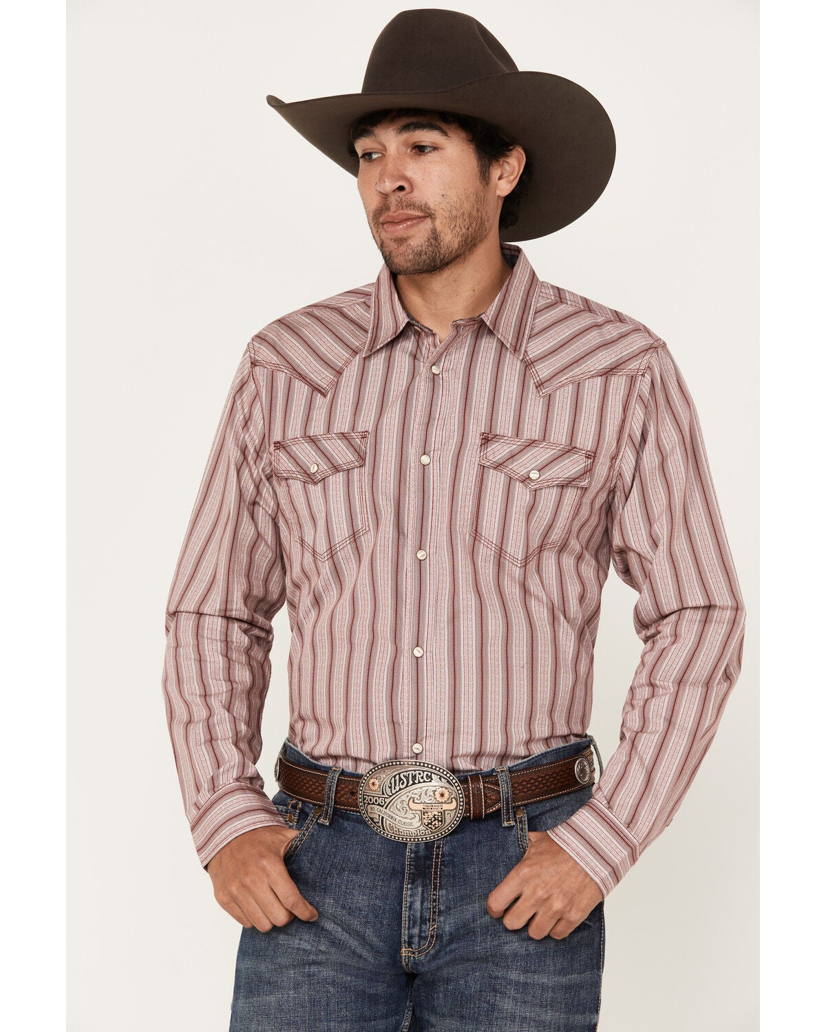 Moonshine Spirit&reg; Men's Red Canyon Striped Long Sleeve Pearl Snap Western Shirt, Burgundy, hi-res