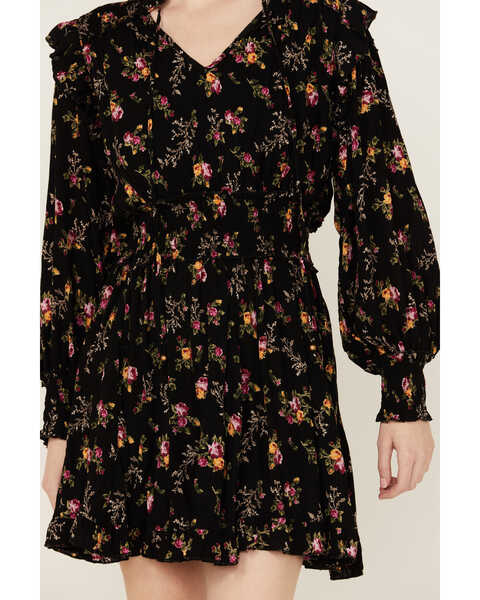 Image #3 - Angie Women's Floral Print Long Sleeve Black Smocked Waist Mini Dress, Black, hi-res