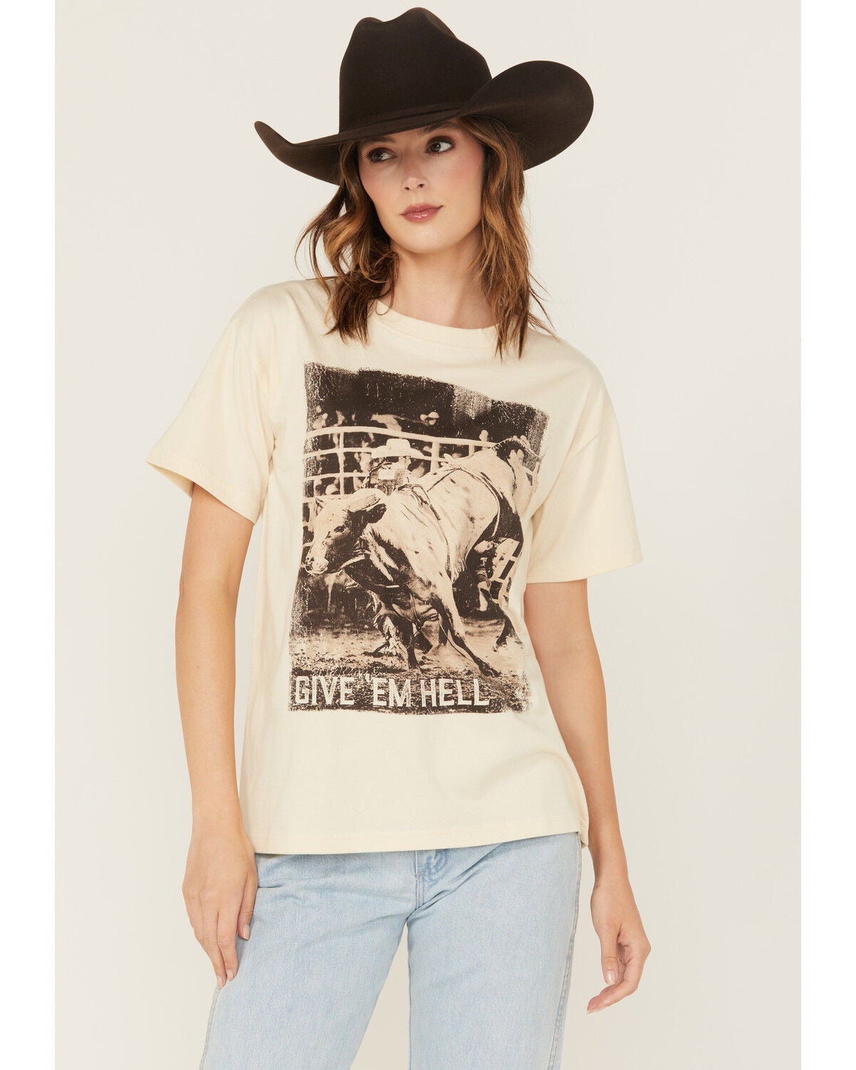 Shyanne Women's Give 'Em Hell Short Sleeve Boyfriend Graphic Tee, Natural, hi-res