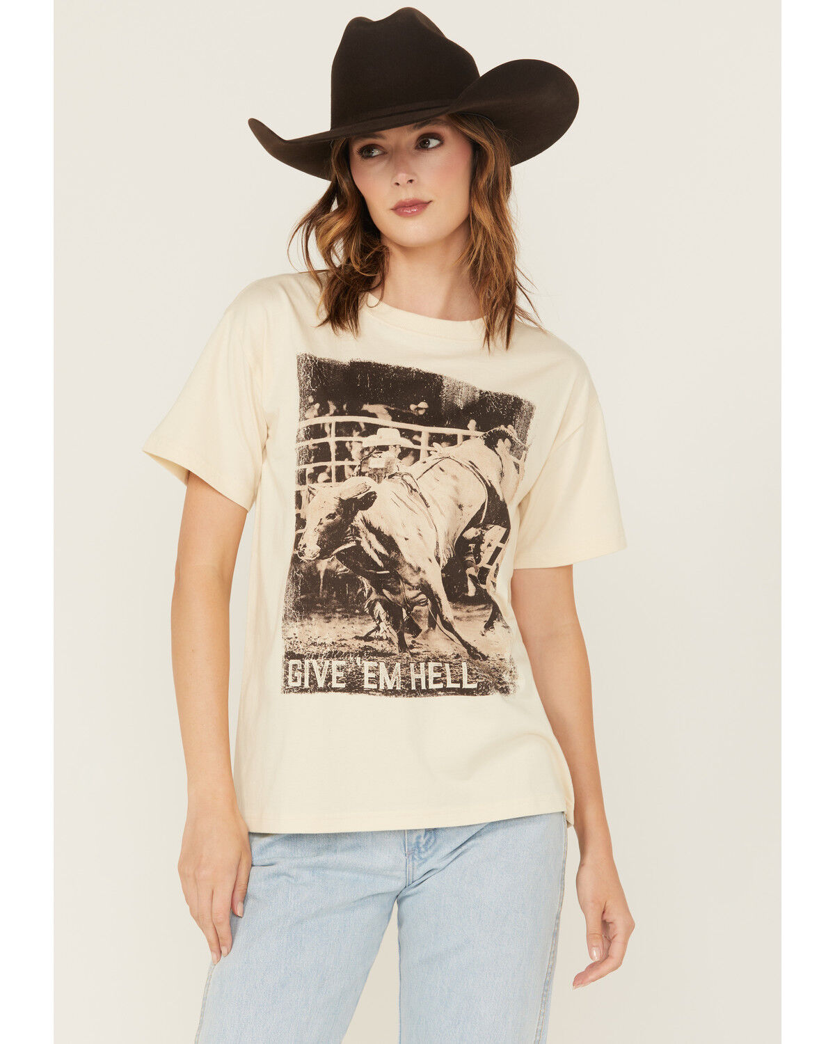 Image #1 - Shyanne Women's Give 'Em Hell Short Sleeve Boyfriend Graphic Tee, Natural, hi-res