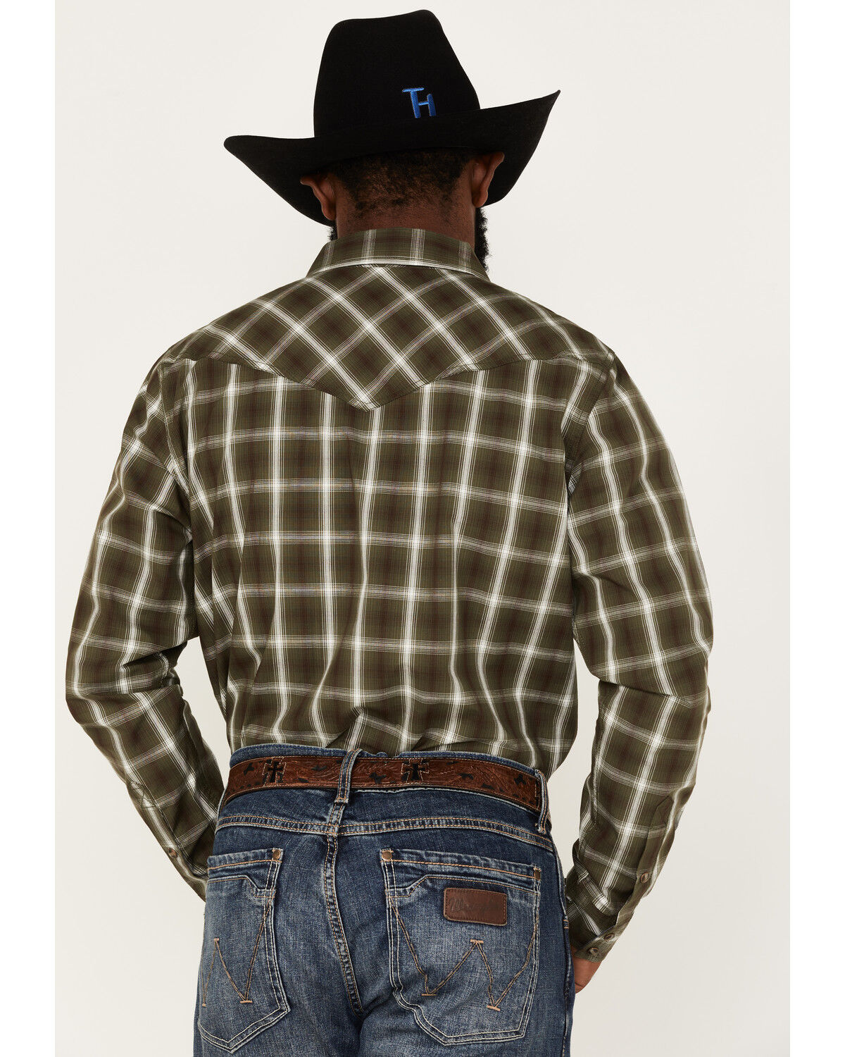 Image #4 - Cody James Men's Lost Trail Plaid Print Long Sleeve Snap Western Shirt, Olive, hi-res