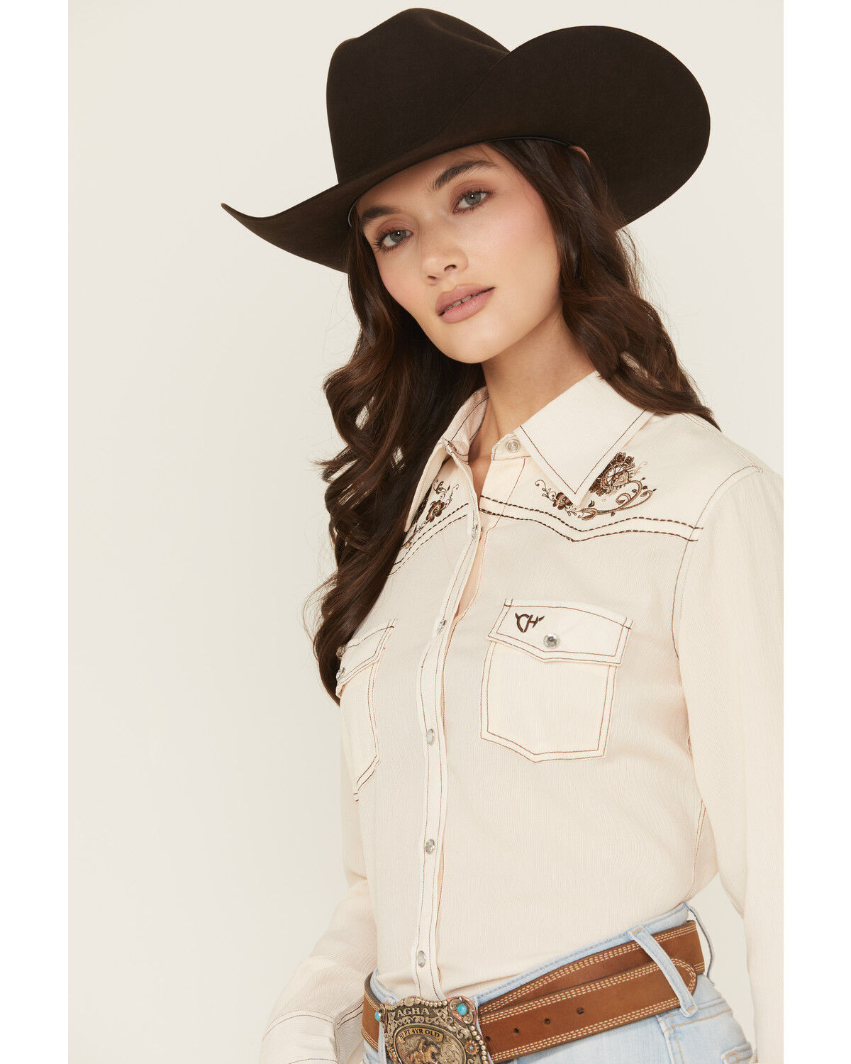 Image #2 - Cowgirl Hardware Women's Floral Embroidered Long Sleeve Snap Western Shirt, Cream, hi-res