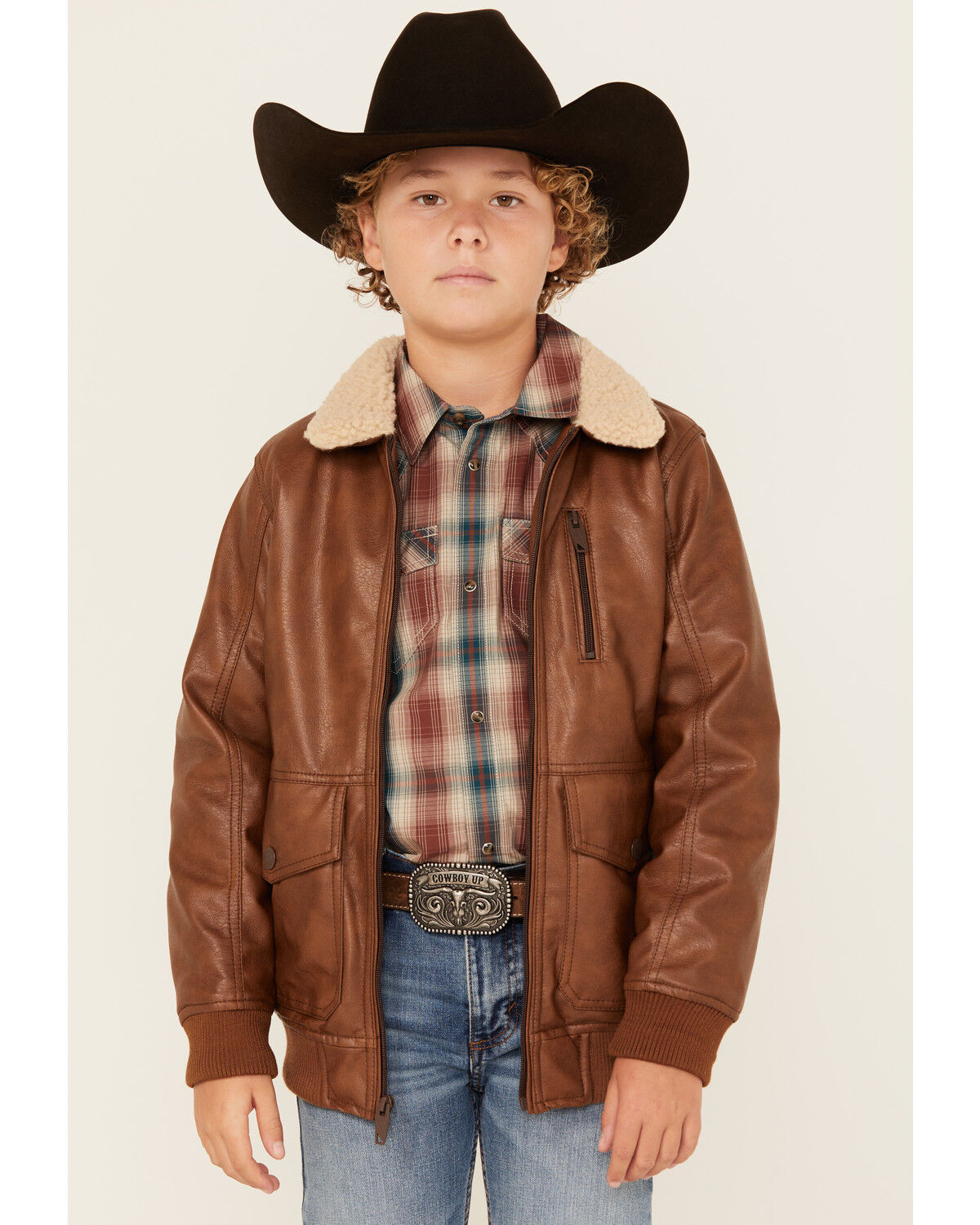 Image #2 - Urban Republic Little Boys' Faux Leather Bomber Jacket, Lt Brown, hi-res