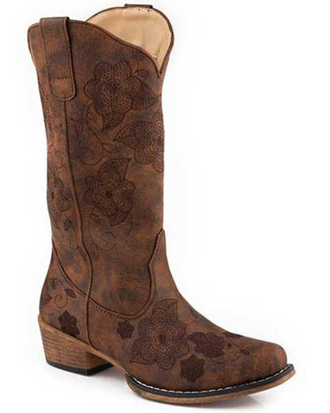 Roper Women's Riley Flowers Western Boots - Snip Toe, Brown, hi-res
