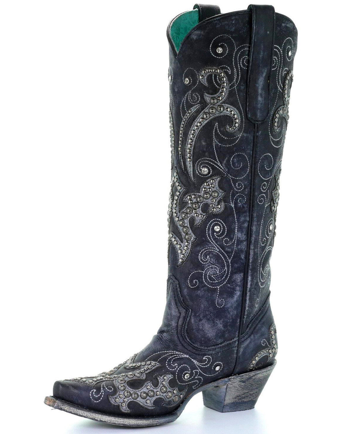 Image #2 - Corral Women's Tall Studded Overlay & Crystals Western Boots - Snip Toe, , hi-res
