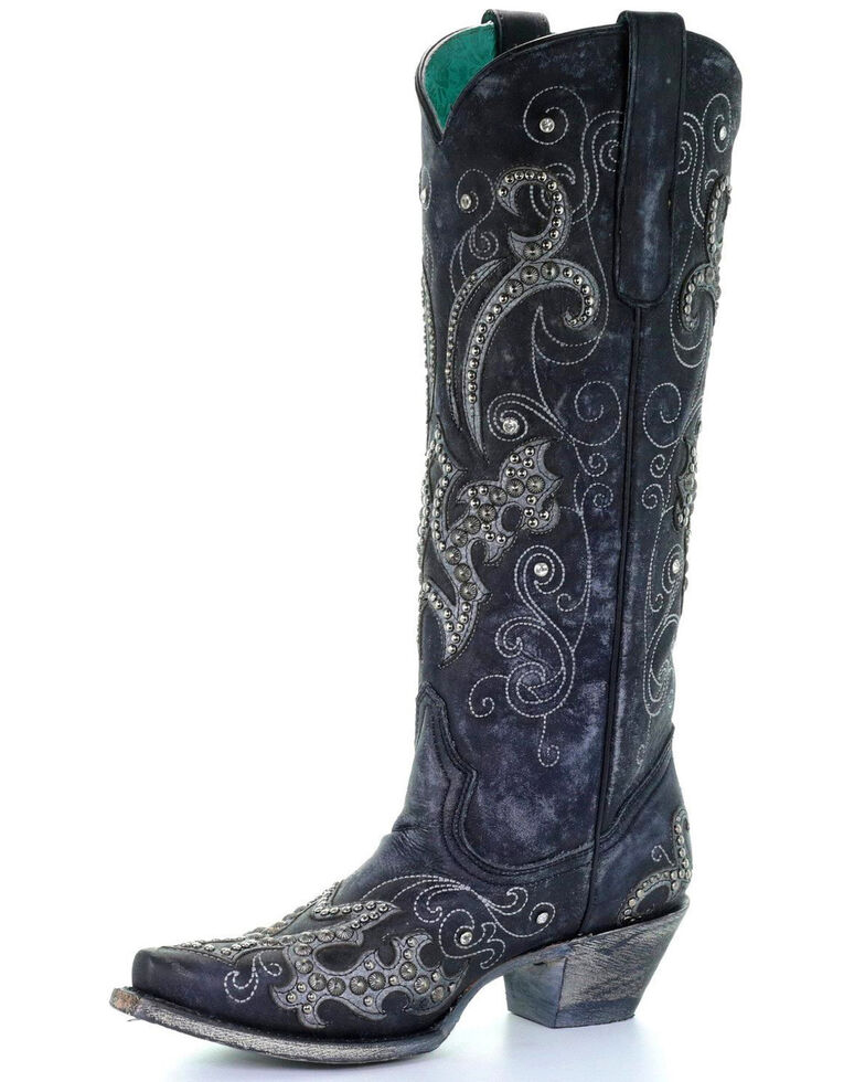Corral Women's Tall Studded Overlay & Crystals Cowgirl Boots - Snip Toe, Black, hi-res