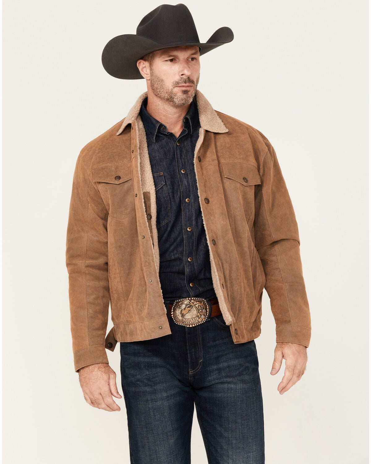 Cripple Creek Men's Sherpa Lined Suede Trucker Jacket, Tan, hi-res