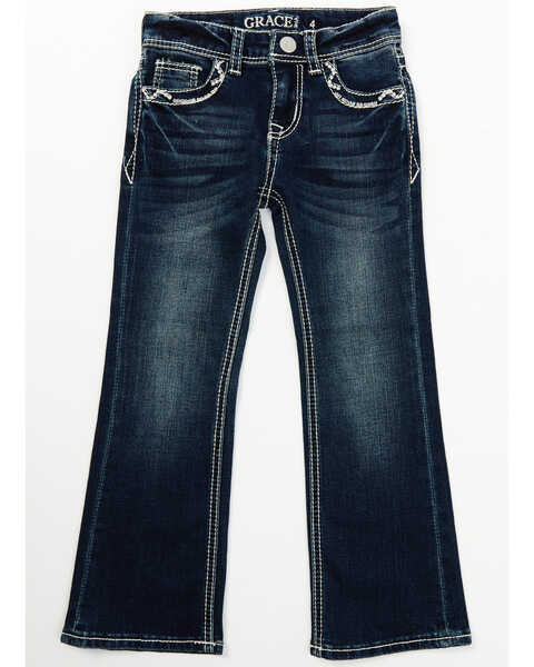 Grace in LA Little Girls' Medium Wash Horseshoe Pocket Bootcut Jeans - Sizes 4-6, Blue, hi-res