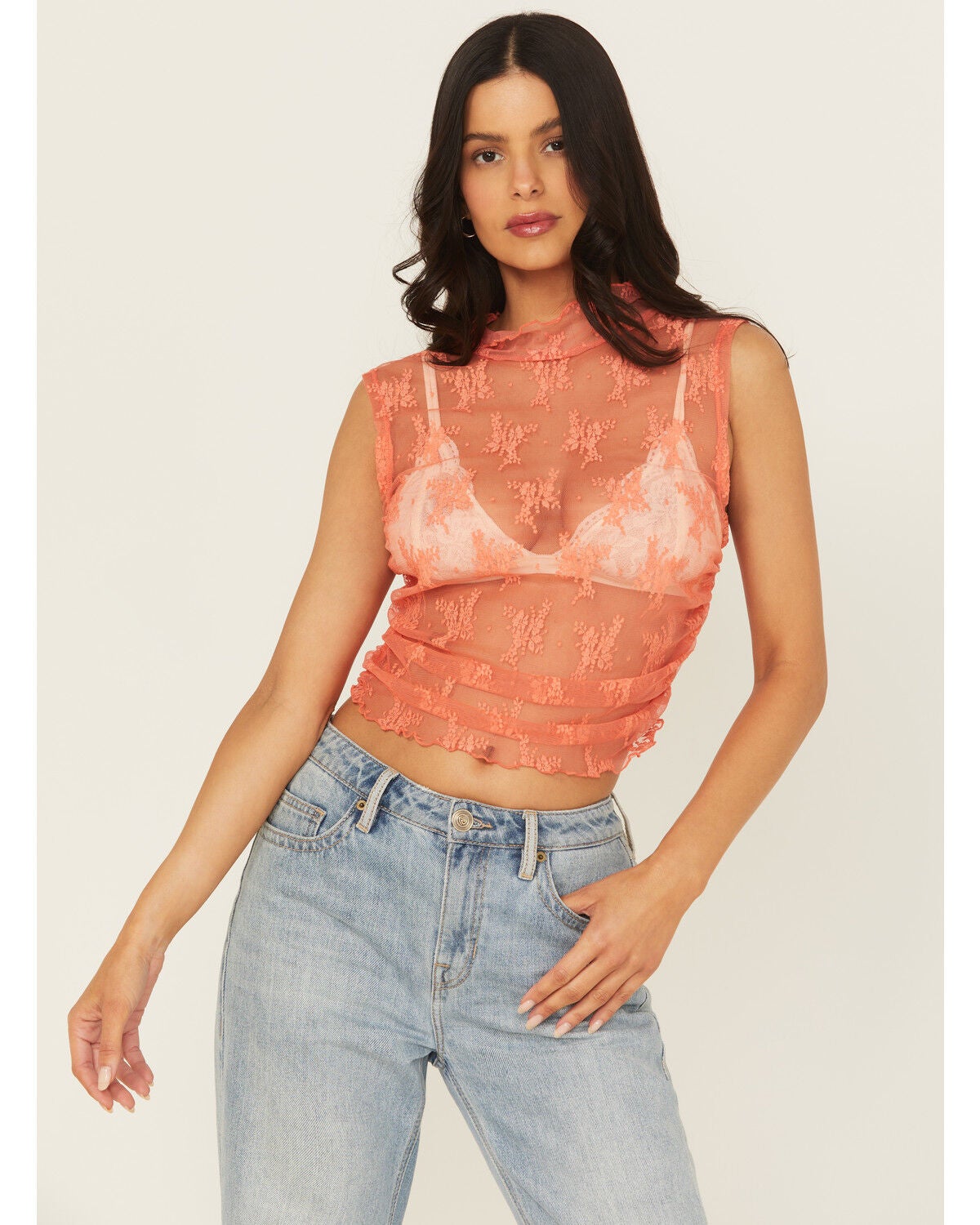 Free People Women's Nice Try Mesh Floral Muscle Tank, Coral, hi-res