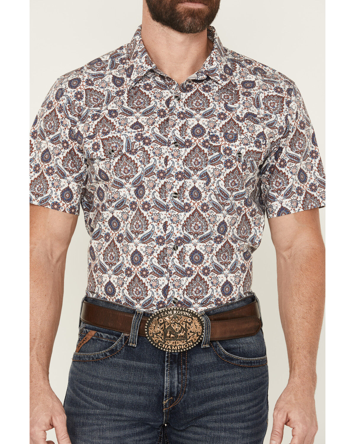 Image #3 - Gibson Trading Co Men's Grand Finale Floral Paisley Print Short Sleeve Snap Western Shirt, White, hi-res
