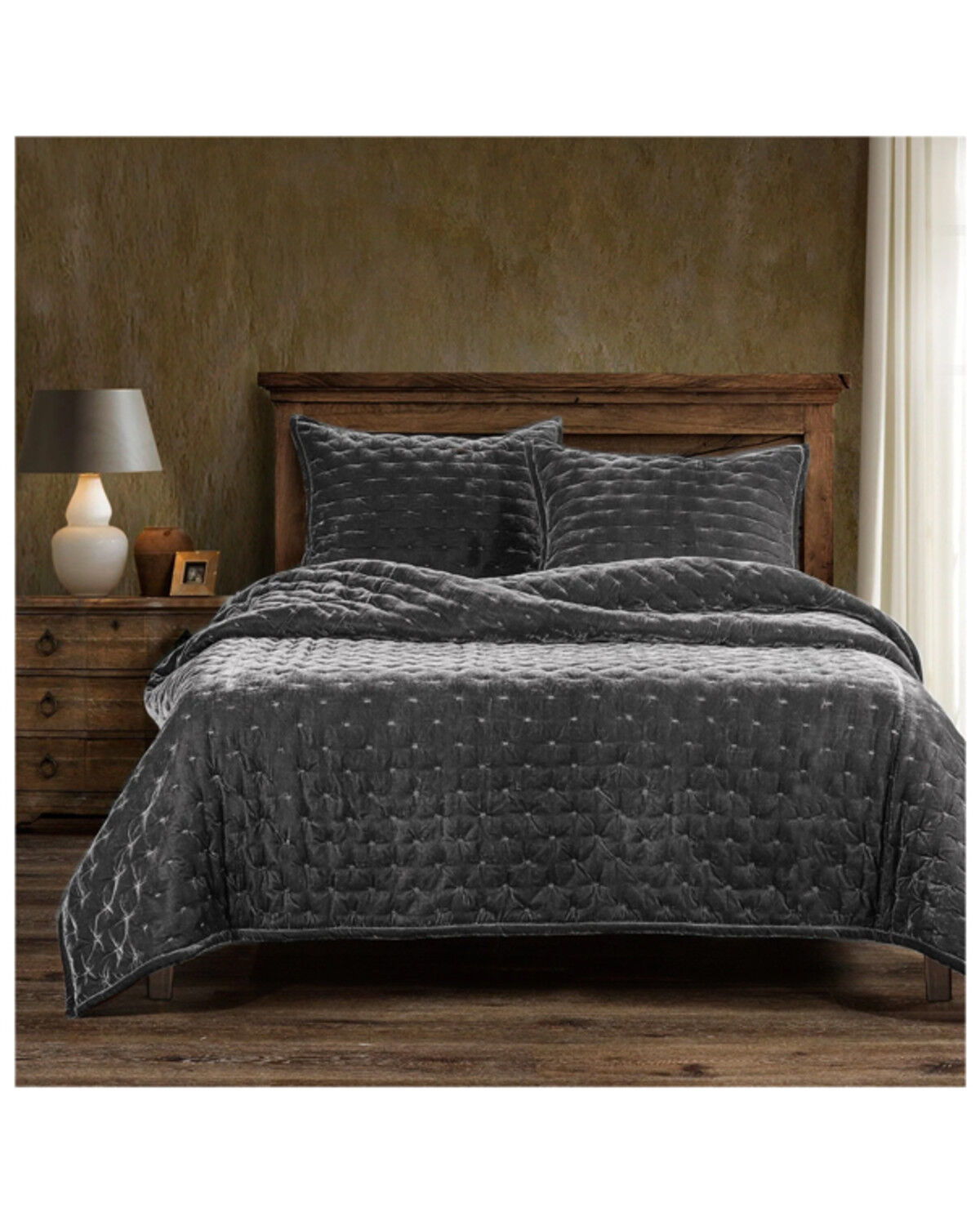 Image #1 - HiEnd Accents Slate Stella Faux Silk Velvet 3-Piece Queen Quilt Set, Slate, hi-res