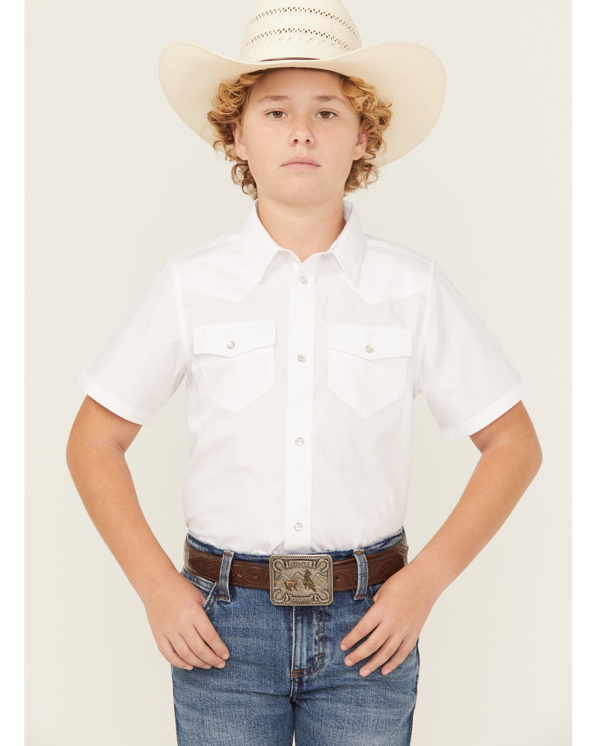 Gibson Trading Co Boys' Solid Short Sleeve Pearl Snap Western Shirt, White, hi-res