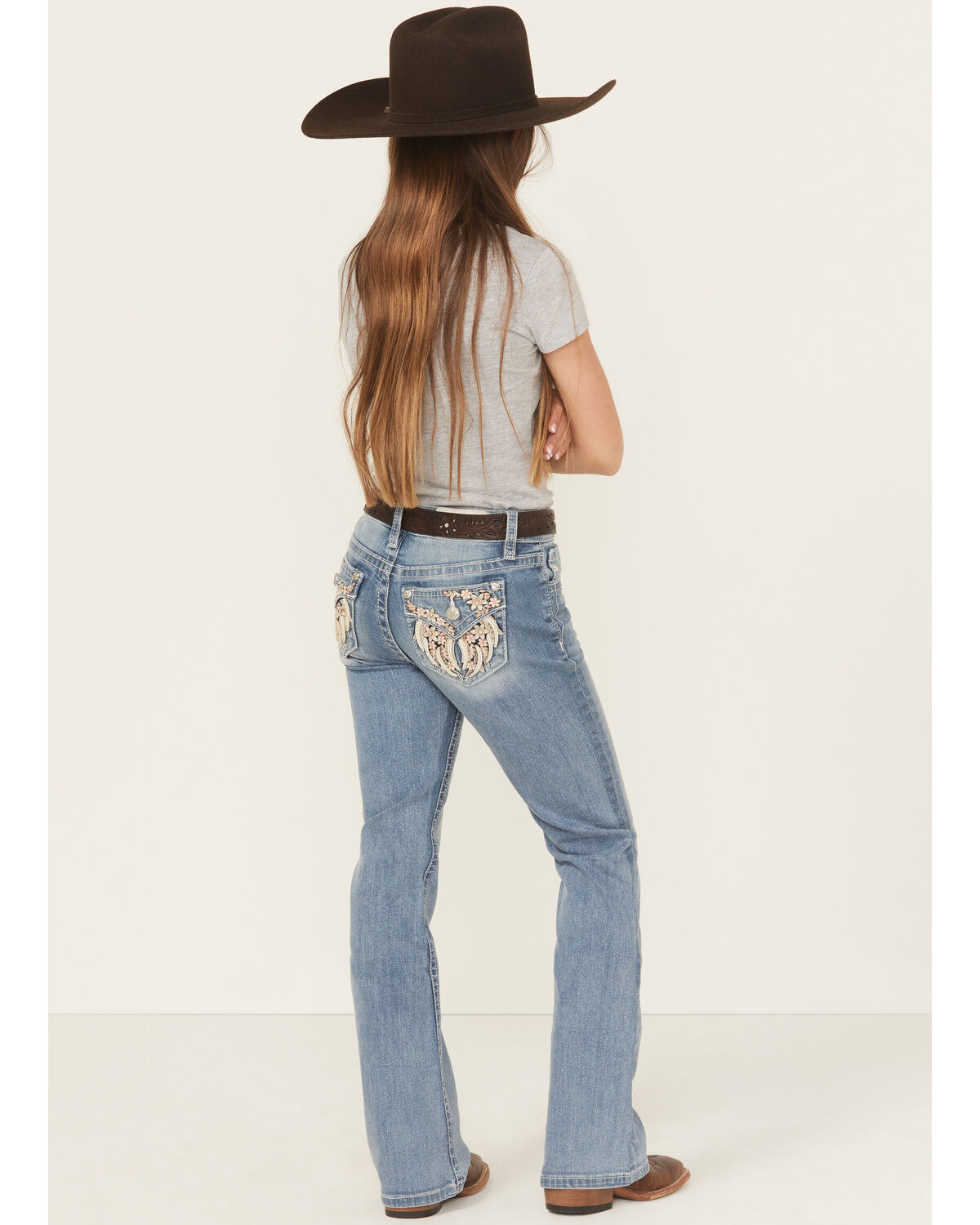 Image #1 - Miss Me Girls' Floral Embroidered Medium Wash Bootcut Stretch Denim Jeans, Medium Wash, hi-res