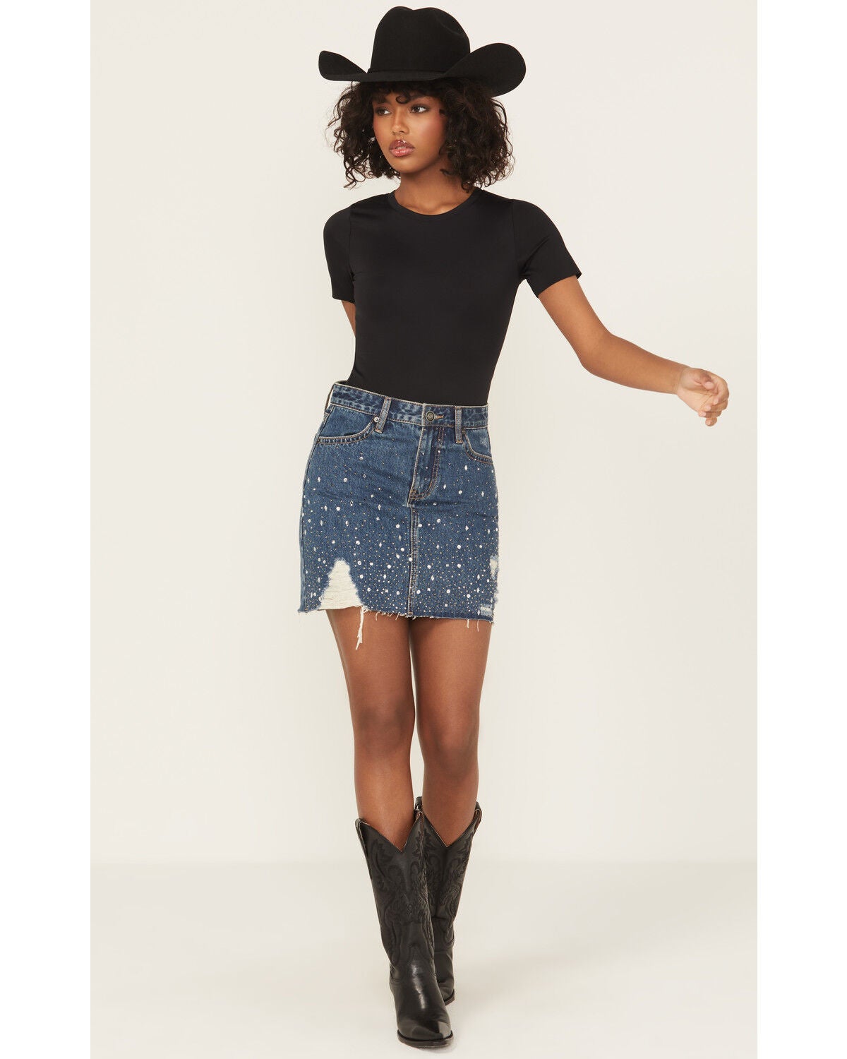 Rock & Roll Denim Women's Medium Wash Embellished Denim Mini Skirt, Medium Wash, hi-res